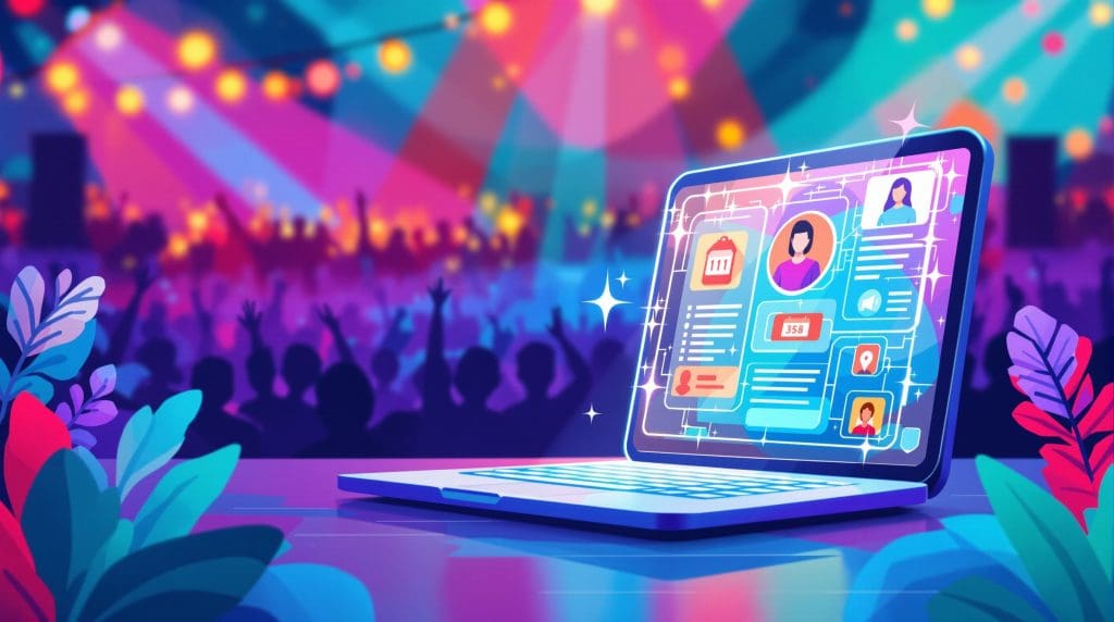 A vibrant scene with multi-colored laptop and party lights